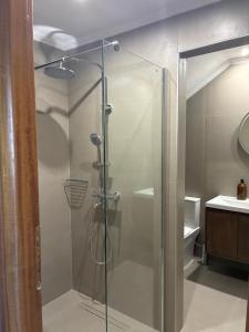 a shower with a glass door in a bathroom at Two Mills Apartments in Myrina +37 photos