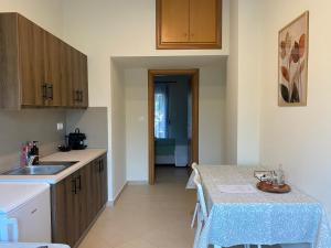 a kitchen with a table and a counter top at Two Mills Apartments in Myrina