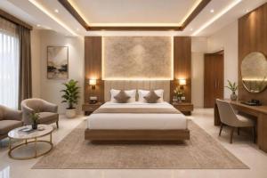 a bedroom with a bed and a desk and a mirror at Hotel Airport Hilton Sky IGI Delhi Airport Terminal 3 With- Free Airport Pickup in New Delhi