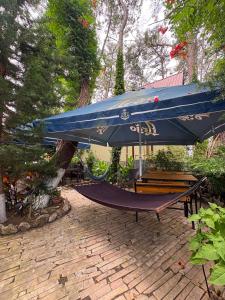 a hammock under a blue umbrella on a patio at hotel shomari in Grigoleti