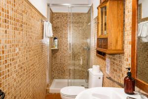 a bathroom with a shower and a toilet and a sink at Refugio La Presa in Chulilla +54 photos