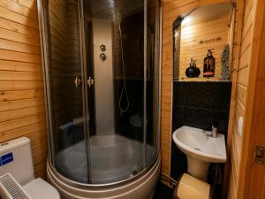 a bathroom with a shower and a toilet and a sink at Mountain House in Mykulychyn
