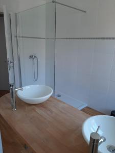 a bathroom with two sinks and a glass shower at apartment Amsterdamstr 1st fl in Ostend