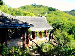 a small hut with a thatched roof and a staircase at Le Nid Du Dragon Rouge in Courniou +6 photos