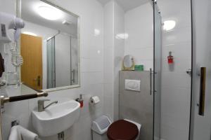 a bathroom with a sink and a toilet and a shower at Penzión Encián in Tatranská Lomnica +54 photos