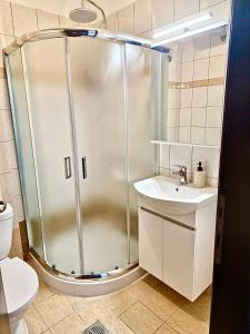 a shower with a sink and a toilet in a bathroom at Gemütliche Wohnung mit Balkon in Orestiada +15 photos