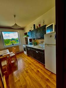 a kitchen with a refrigerator and a table and a window at Pension Barborka in Jičín