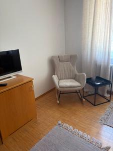 a living room with a chair and a tv at Franz - Josef in Emmingen-Liptingen +11 photos