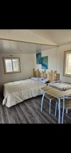a bedroom with two beds and a table at Le cocon & spa in Camaret-sur-Aigues +18 photos