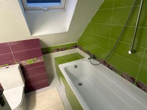 a bathroom with green and pink tiles and a tub at Chata pod hradom in Divín +9 photos