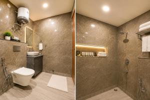 two pictures of a bathroom with a toilet and a shower at Hotel Kasa Stays Premier - Peeragarhi Metro Station in New Delhi