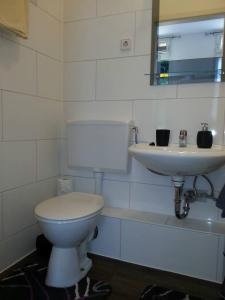 a bathroom with a toilet and a sink at Gästehaus Elisabeth in Schlangenbad +4 photos