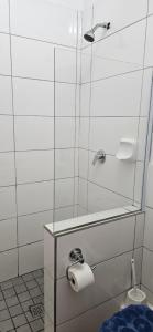 a bathroom with a shower with a roll of toilet paper at Astros Lodge in Cape Town