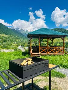 a picnic table with a grill and a gazebo at Mountain Shadow Cottage in Racha in Ghebi