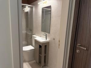un bagno con lavandino, WC e specchio di Pine Inn a Spilia Altre 78 foto