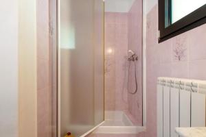 a bathroom with a shower with pink tiles at Gite Les Grillons in Belvédère +29 photos