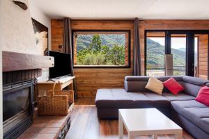 a living room with a couch and a fireplace at Gite Les Grillons in Belvédère