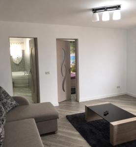 a living room with a couch and a coffee table at Apartamente Gildo 20 in Borşa