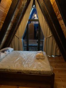 a bed in a room with a large window at Frogland in Žabljak