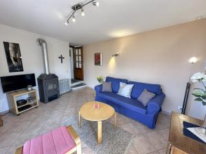 a living room with a blue couch and a wood stove at Al Torchio by Fewotessin in Riazzino