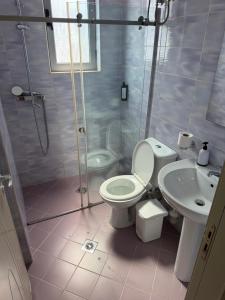a bathroom with a toilet and a sink and a shower at Miramare Aparthotel in Sarandë +38 photos