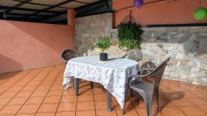 a table with chairs and a potted plant on it at Casa dos avós in Redondela