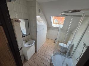 a bathroom with a shower and a toilet and a sink at Noclegi Antoniewo in Morąg +14 photos