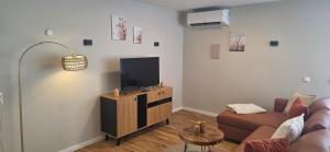 a living room with a couch and a flat screen tv at White Coast Villa in Grömitz