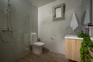 a bathroom with a shower and a toilet and a sink at San Marine Beach Hotel, Heart of Chersonissos, Steps from the Sea in Hersonissos +16 photos