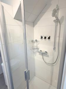 a shower with a glass door in a bathroom at Landhaus Holly in Frielendorf +37 photos