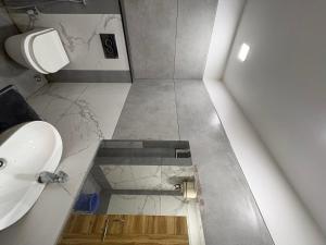 a bathroom with a sink and a toilet at Sakkhar Palace in Indore