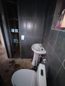 a bathroom with a toilet and a sink at Tiny house, kitchen downstairs in Shimoni