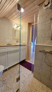 a bathroom with a glass shower in a room at Countryhome apartment in Jõõpre