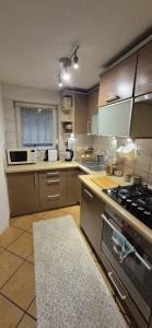 a large kitchen with a stove top oven at Leśna Przygoda ,,Balia w cenie" in Harbutowice