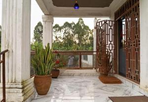 a porch with potted plants and an open door at Luanda Road View Hotel in Luanda