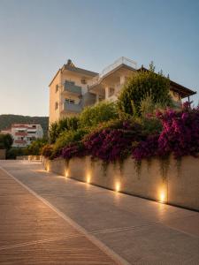 a row of flowers on a wall with lights at Emera Apartments in Vlorë
