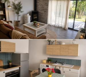 two pictures of a kitchen and a living room at Le Nid des Wallabys in Monchy-le-Preux