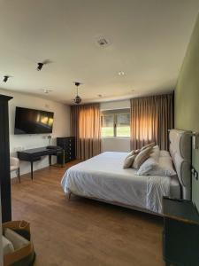 a bedroom with a bed and a desk and a television at Santiurde Suites in Quintanilla de Arriba