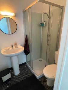 a bathroom with a shower and a sink and a toilet at Barbe Bleue 1982 in Bridoré