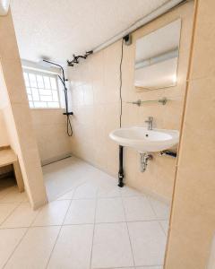 a bathroom with a sink and a mirror at Arkadia Monteur-Haus Seevetal in Seevetal