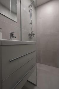 a bathroom with a shower and a sink at Downtown Condo w Huge TV in Zagreb +8 photos