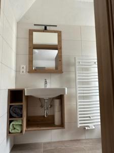 a bathroom with a sink and a mirror at Ferienapartments 31erHaus in Hieflau +16 photos