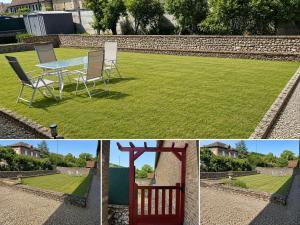 a collage of photos with a table and chairs on a lawn at Maison avec jardin in Harquency