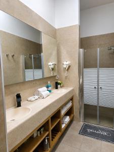 a bathroom with a sink and a mirror and a shower at הפינה של פנינה במושבה - דירה משפחתית מהממת in Migdal