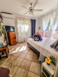 a bedroom with a bed and a ceiling fan at Maison d'hôtes Villa des Mascareignes in Petite Île