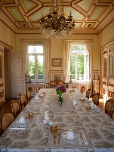 a dining room with a long table with a chandelier at Château de Beaucamp - Castel des anges in Wailly-Beaucamp