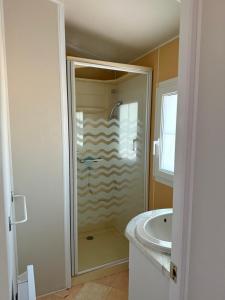 a bathroom with a shower and a sink at Sous les étoiles de St georges in Lazer