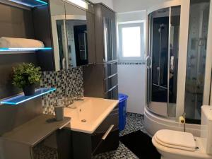 a bathroom with a sink and a toilet and a shower at Apartments Kivi in Novigrad Istria