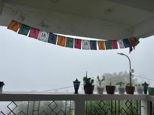 a banner on a window with potted plants on a table at Bravo Hills in Gauhāti