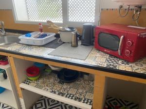 a kitchen counter with a microwave and a sink at El Doblao del Rey in Torrejón del Rey +7 photos